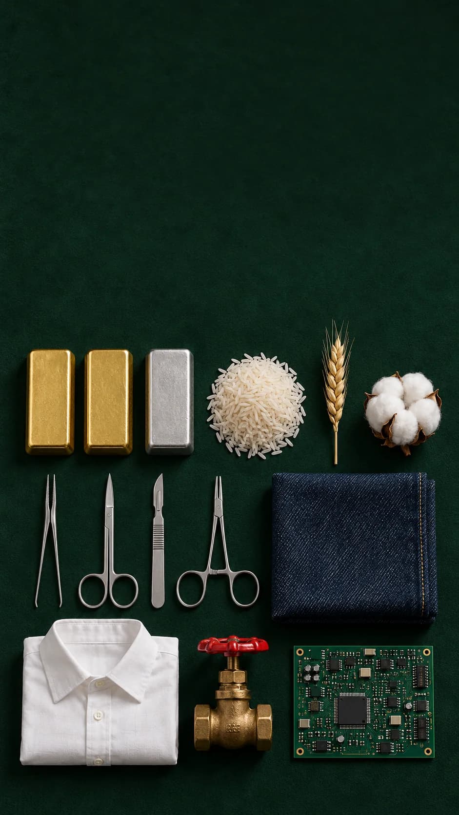 Gold and silver bars, basmati rice, wheat, cotton, surgical instruments, denim, a white shirt, a brass valve and a circuit board laid out on green suede